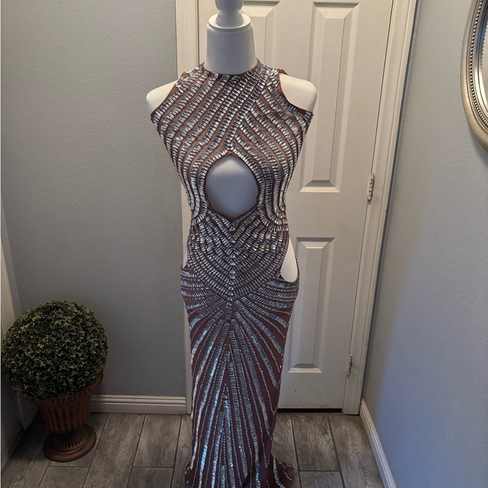 Elegant Silver and Brown Evening Gown